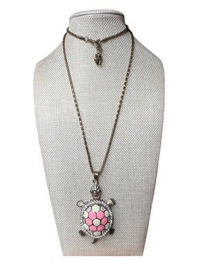 Betsey Johnson Vintage Silver-Tone Turtle Necklace with Pink Enamel